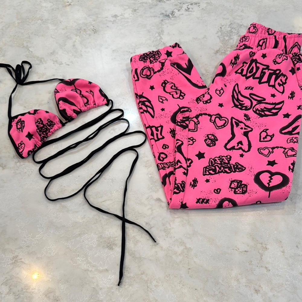 Dolls Kill Club Exx Pink Graphic Bikini and Pants Set